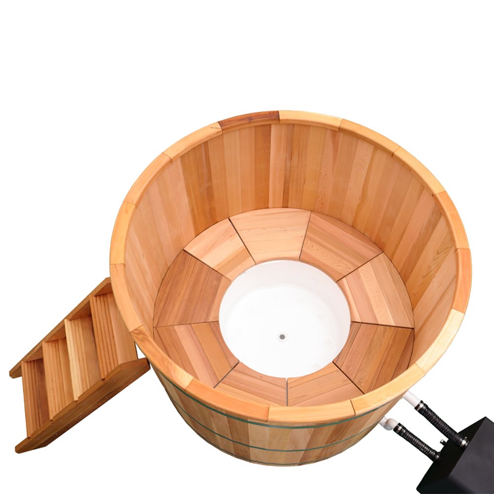 Wood-fired hot tub with acrylic base, red cedar seat, and ladder