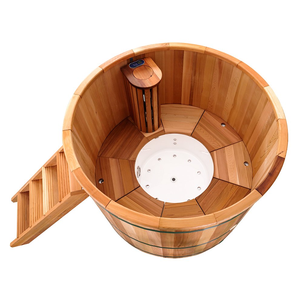 Barrel-shaped hot tub with acrylic base, red cedar bench, electric control system, nozzles, light cover, and cedar ladder