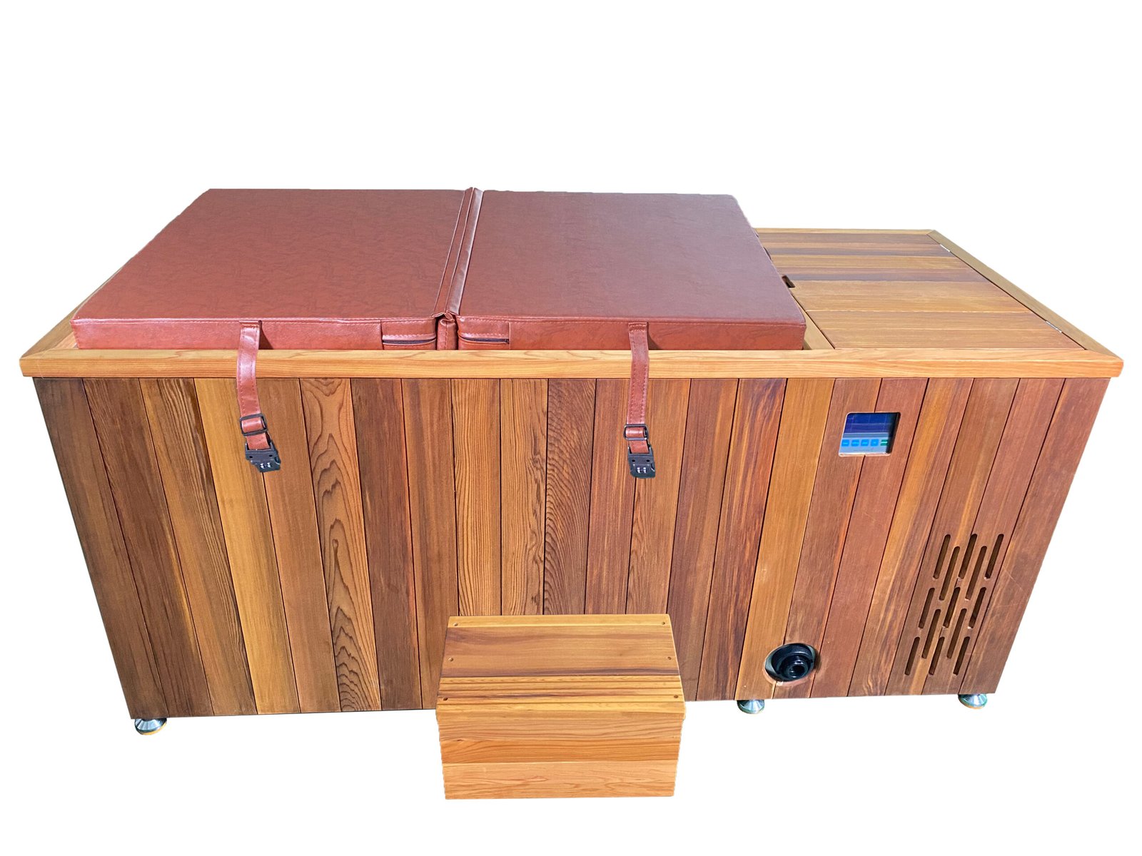 Red cedar cold plunge tub with insulation cover, control panel, and ladder on the side