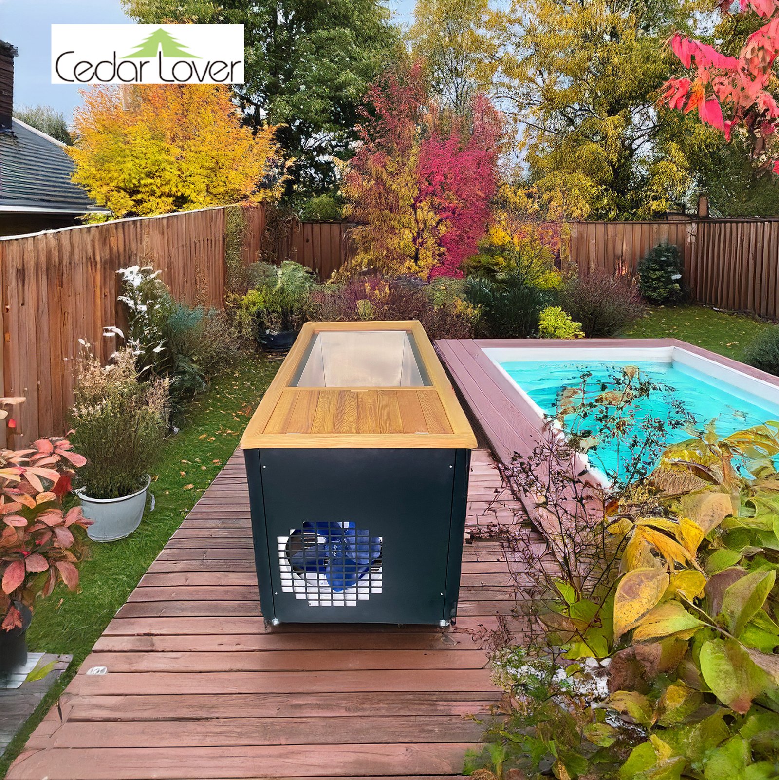 Cold plunge tub with black-coated 304 stainless steel sides and red cedar top, in a garden with plants and a square pool