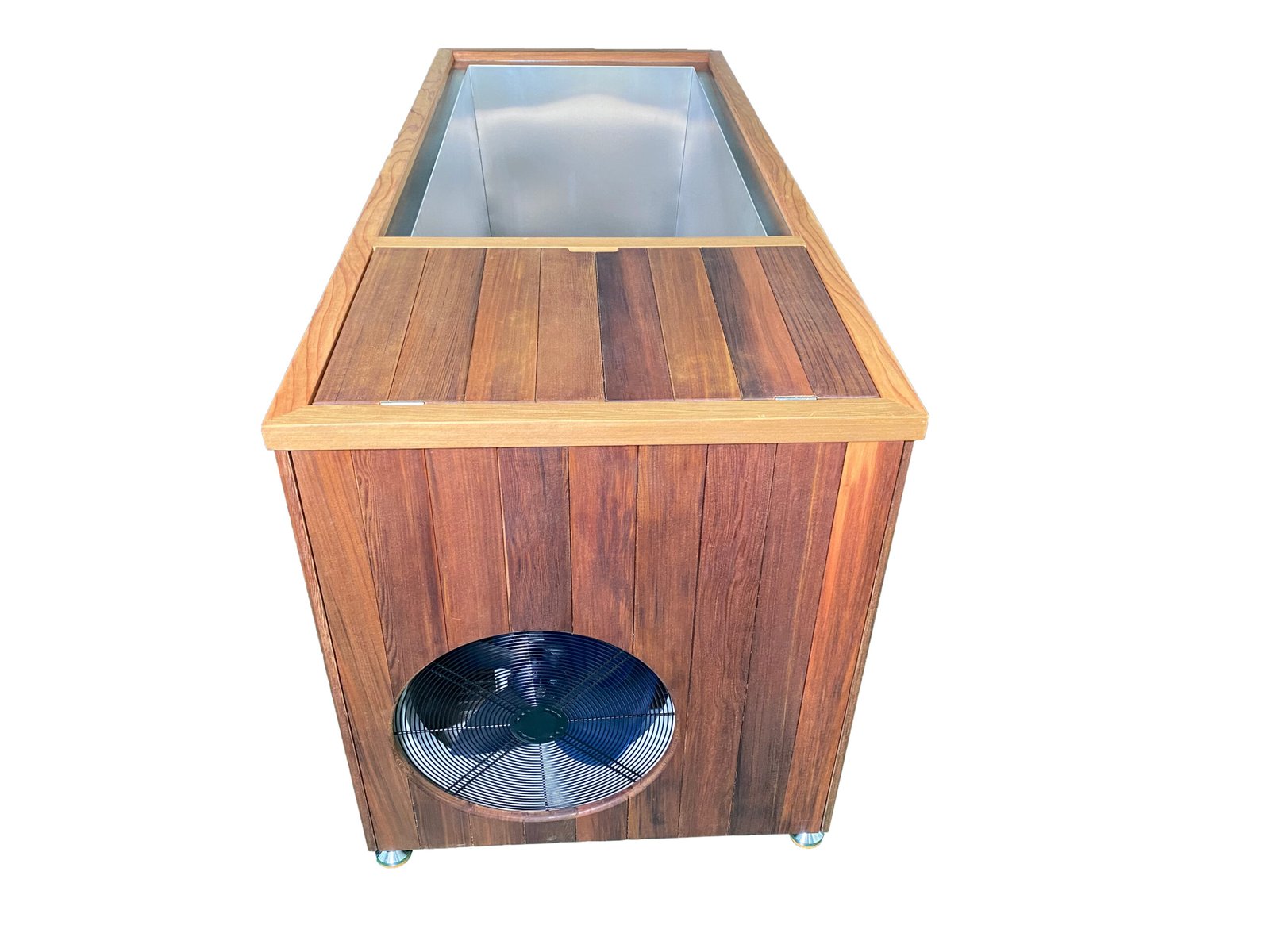 Red cedar cold plunge tub with front round vent showing internal fan for cooling