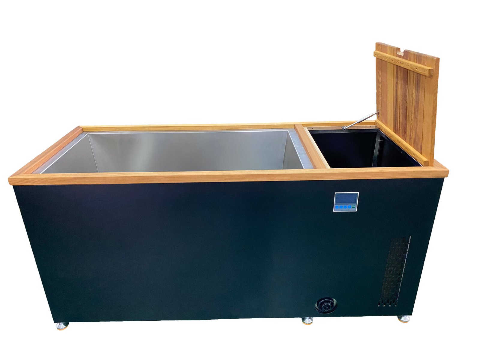 304 stainless steel cold tub with black coating and red cedar top propped open by support rod