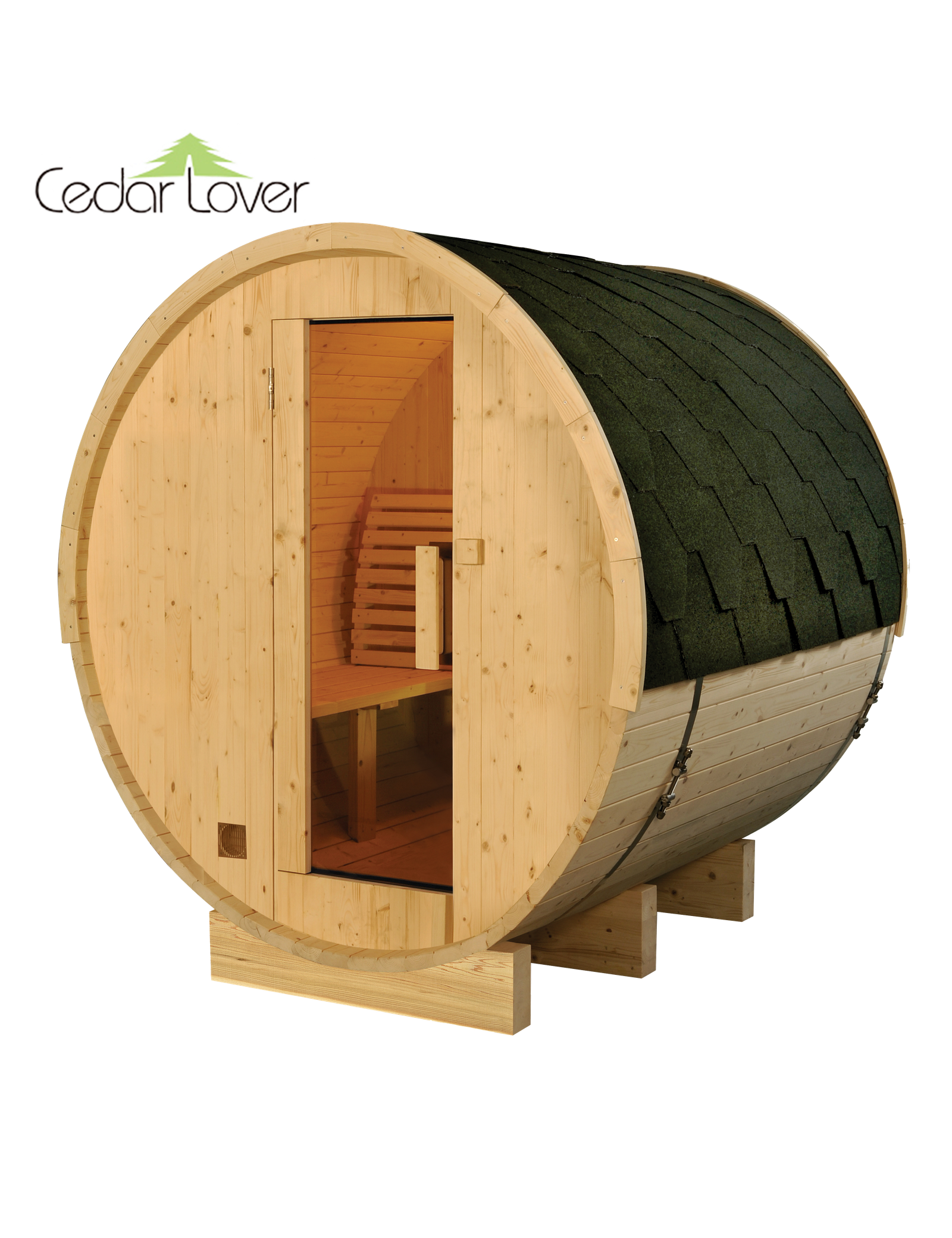 Finnish pine sauna without porch, waterproof asphalt shingles on top, interior with backrest