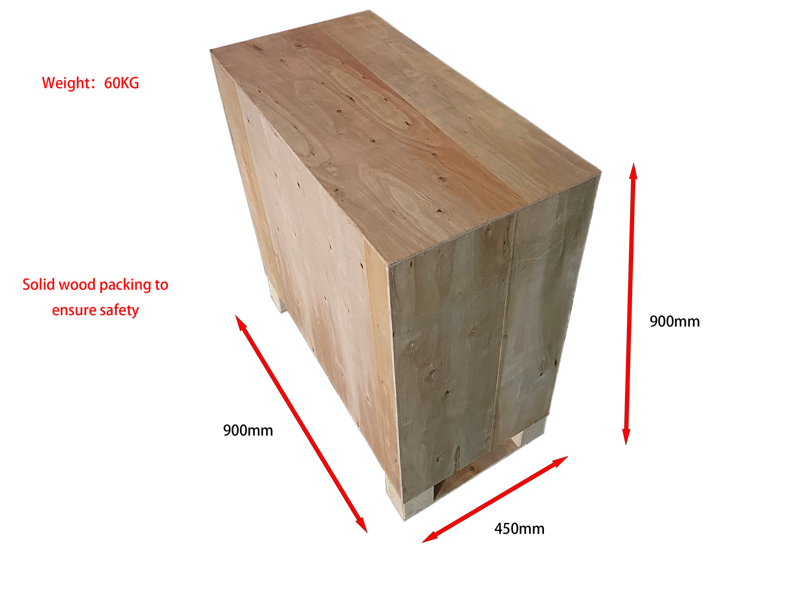 Wood-fired stove packaging box with dimensions labeled as 900*450*900mm