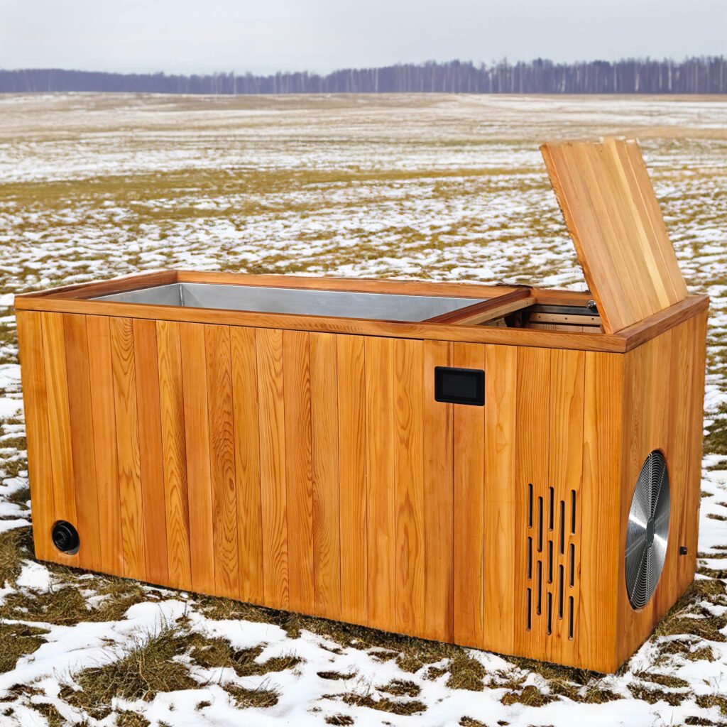 场景比例11 Cedar Lover Red cedar ice bath tub with control panel drain outlet and open lid on snowy grass