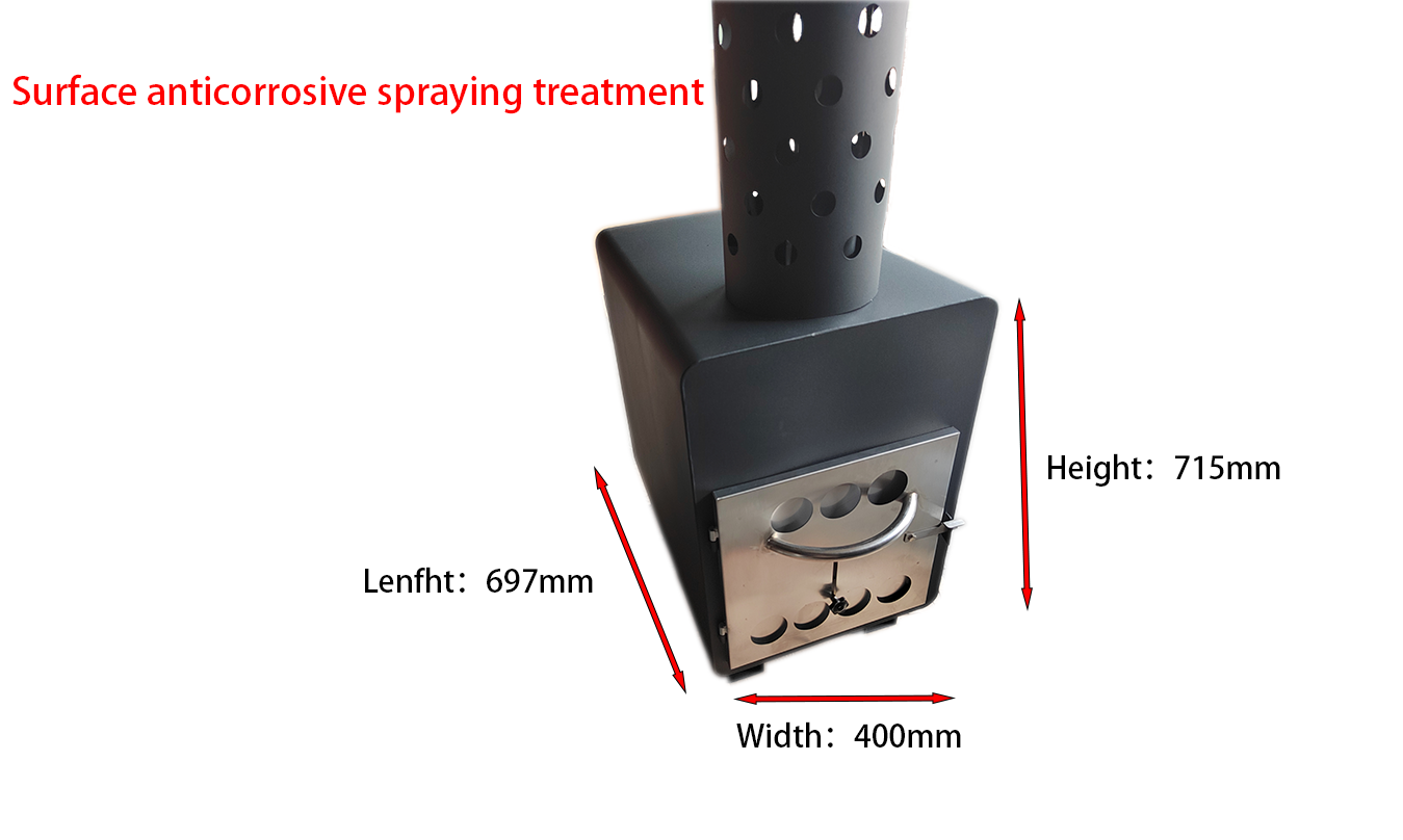 Image showing dimensions of wood-fired stove as 697*400*715mm, made of 304 stainless steel with black powder coating