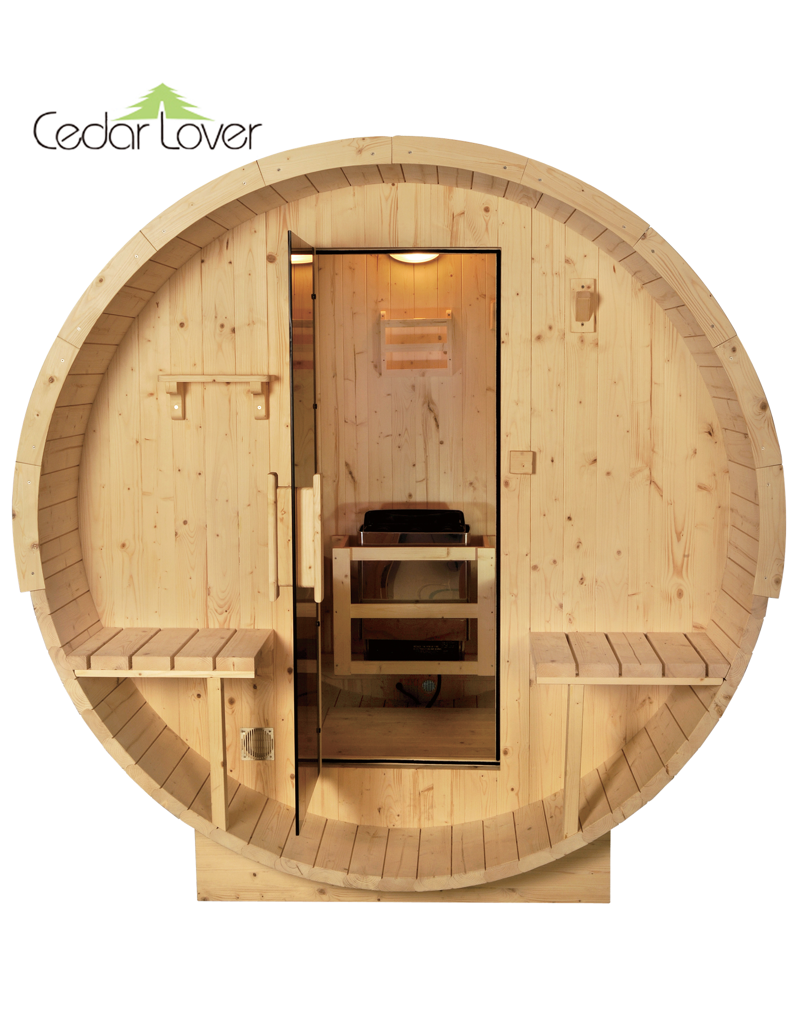 Front of Finnish pine sauna with porch, gray glass door, and visible electric heater inside