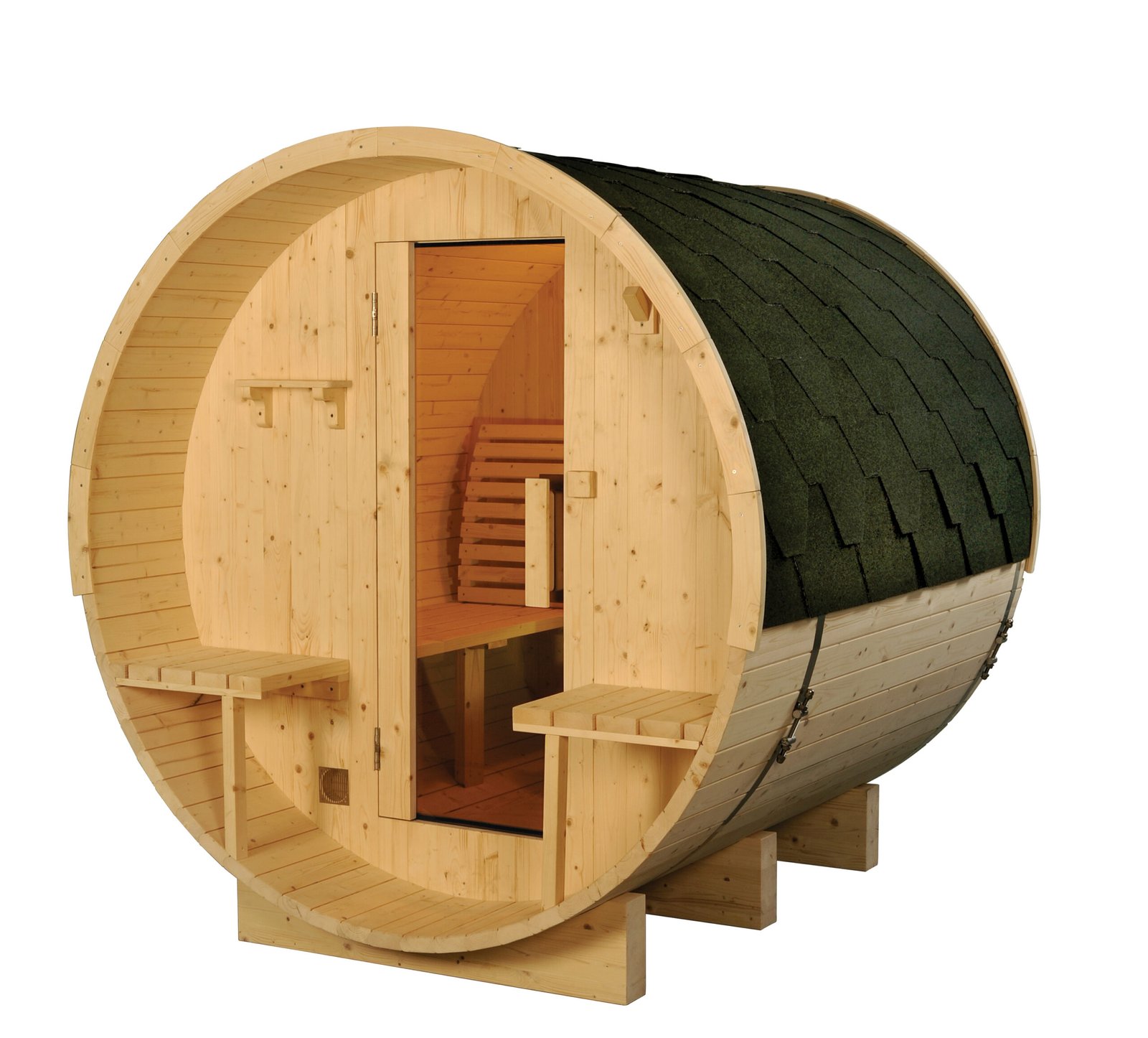 Bucket-shaped Finnish pine sauna with an exterior porch, waterproof asphalt shingles on top, and an interior backrest