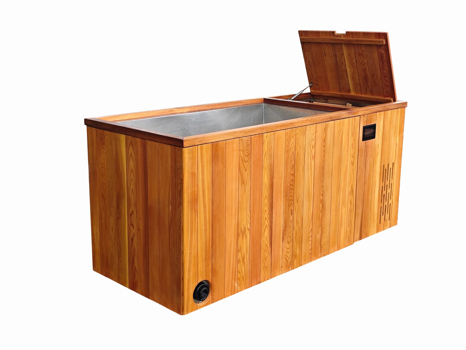 Red cedar ice bath tub with control panel, drain outlet, and lid open with hydraulic rods