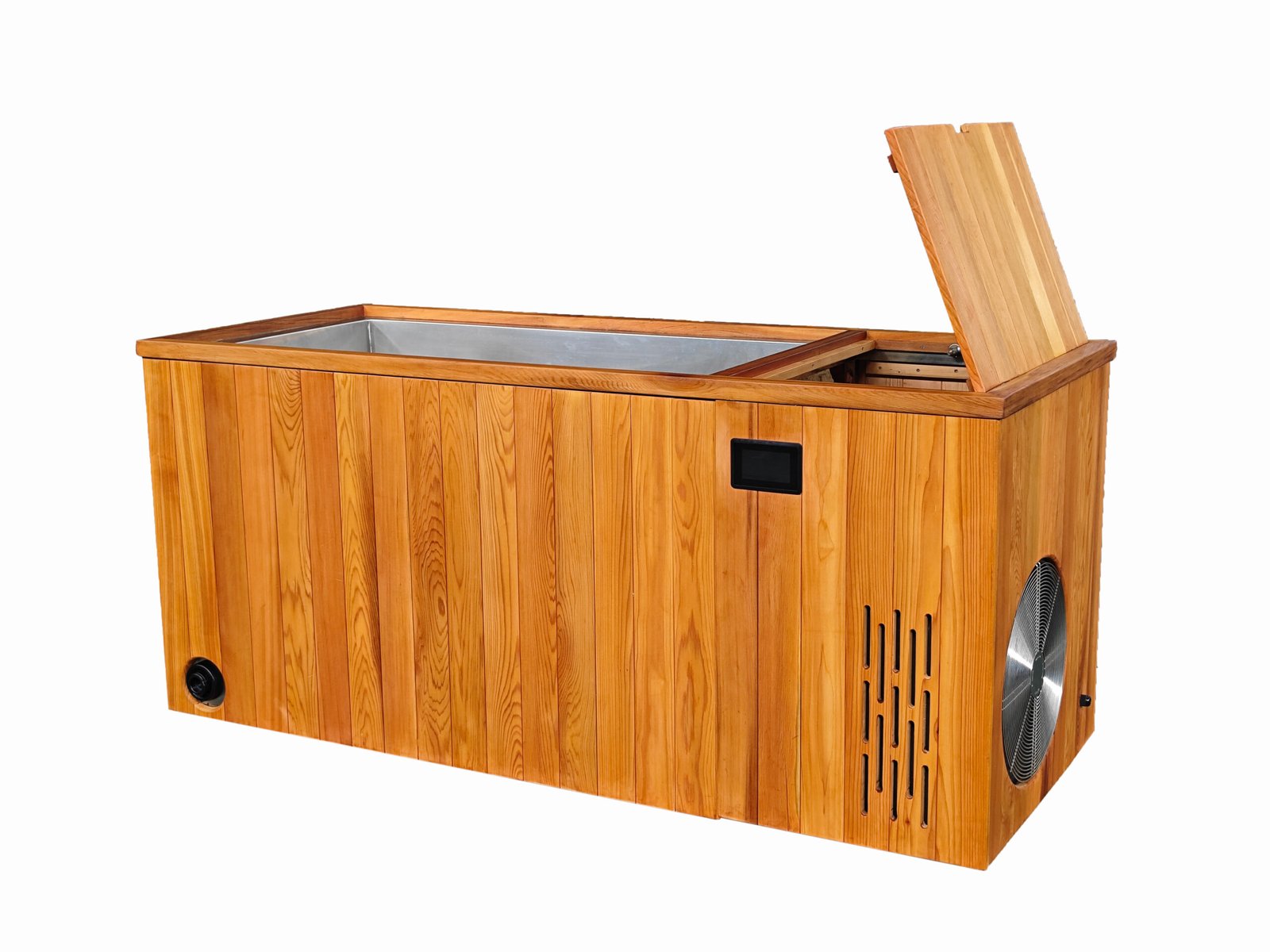 Angled view of red cedar ice bath tub showing control panel, drain outlet, and lid held open by hydraulic rods