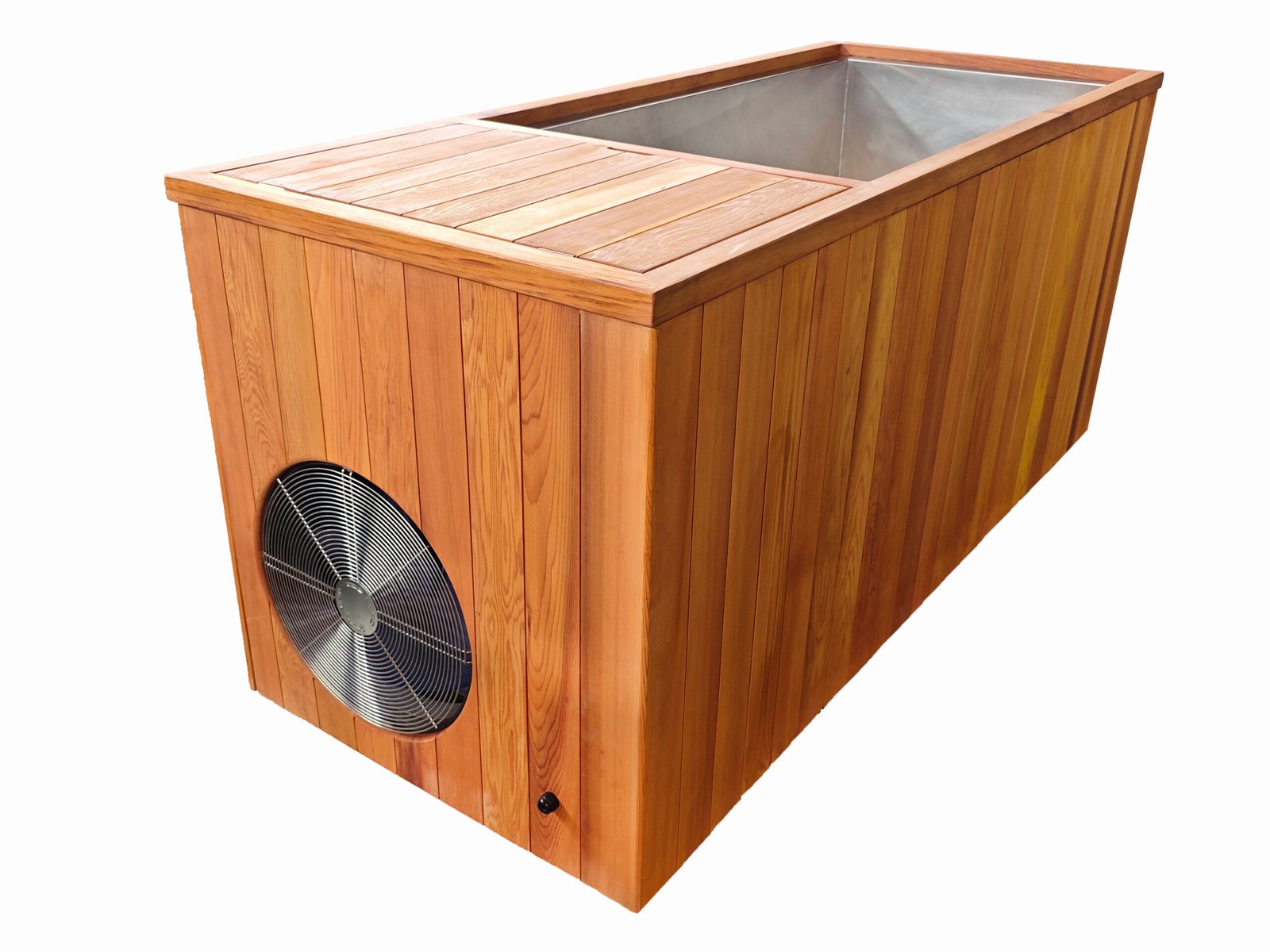 Ice bath tub with red cedar exterior, 304 stainless steel interior, and front round vent