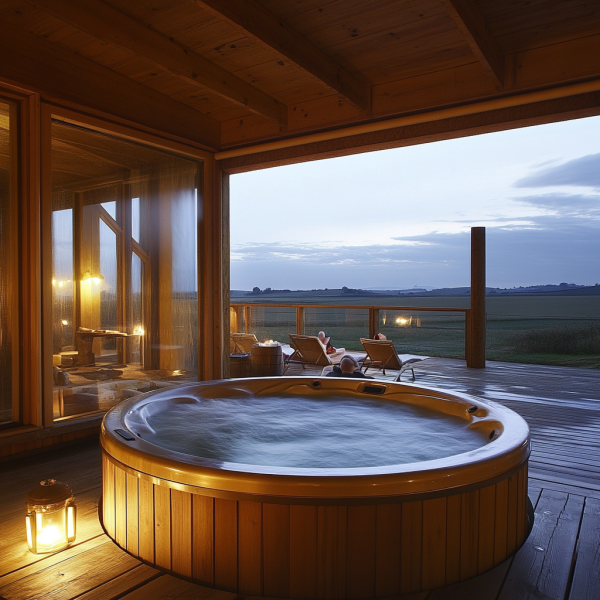 Wooden hot tub with people relaxing in a tranquil interior, soft evening light, and scenic nature view