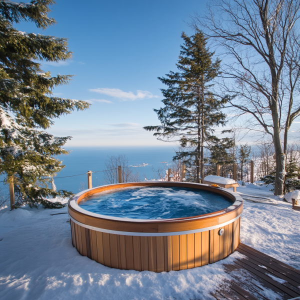 Cedar hot tub in winter, with a blue color accent and a distant scenic view, creating a serene and relaxing atmosphere.