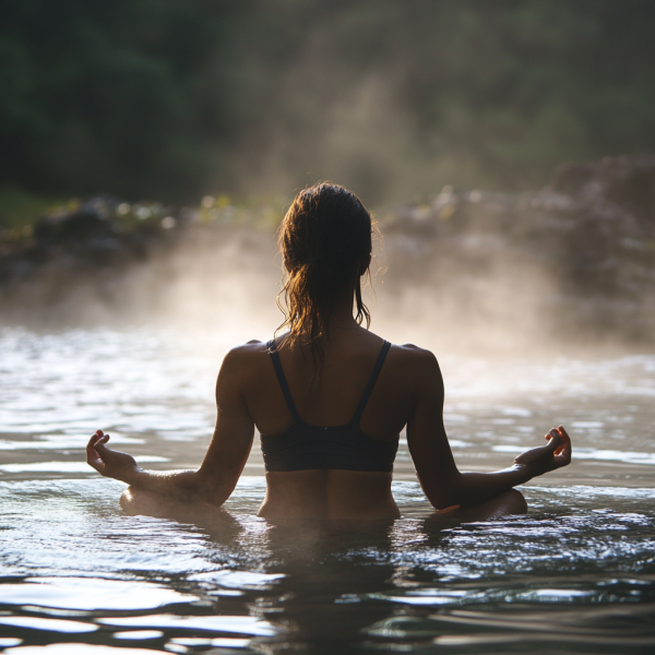 Relaxing wellness therapy with hot and cold water baths, promoting recovery and tranquility.